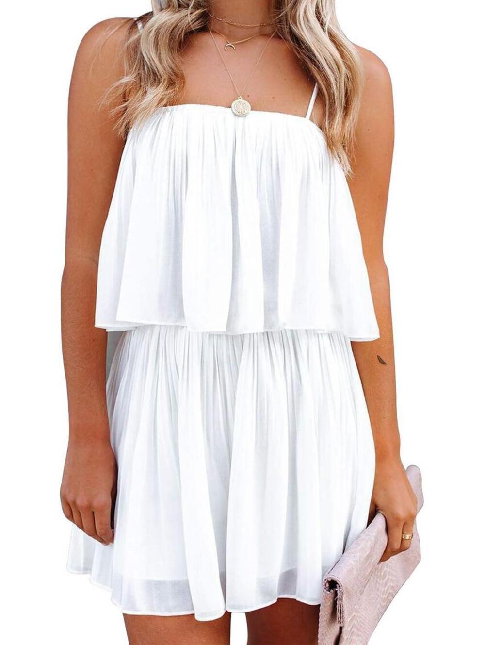 Exlura Women’s White Tiered Spaghetti Strap Dress